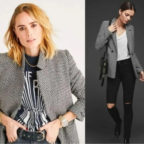 Anine Bing Jackets & Blazers - Anine Bing Diana Oversize Blazer Fishbone Black White